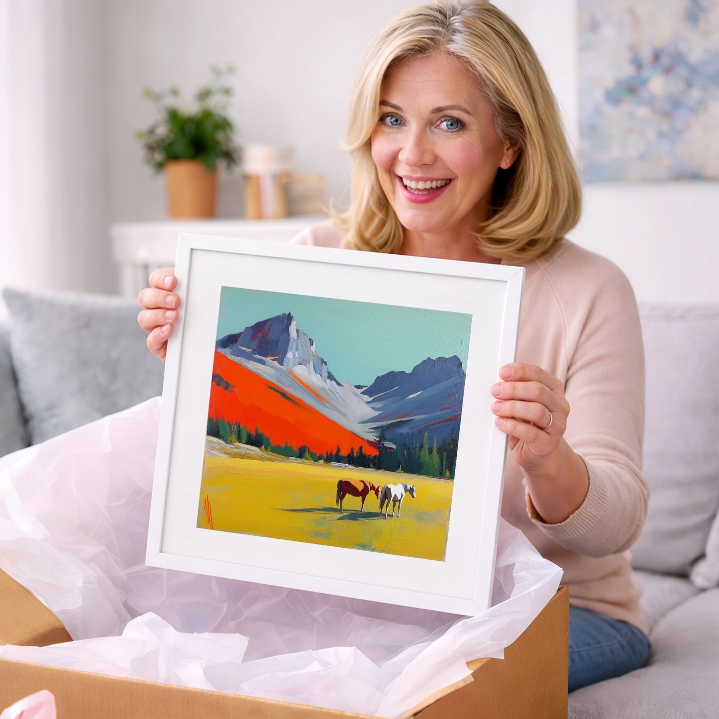 Vivid Mountain Meadow - horse landscape art gift idea for horse lovers