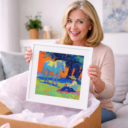 Vibrant Sunset Companion - horse & rider art gift idea for horse lovers