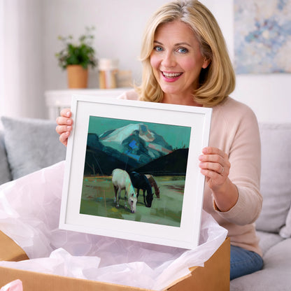 Teal Mountain Pasture - horse landscape art gift idea for horse lovers