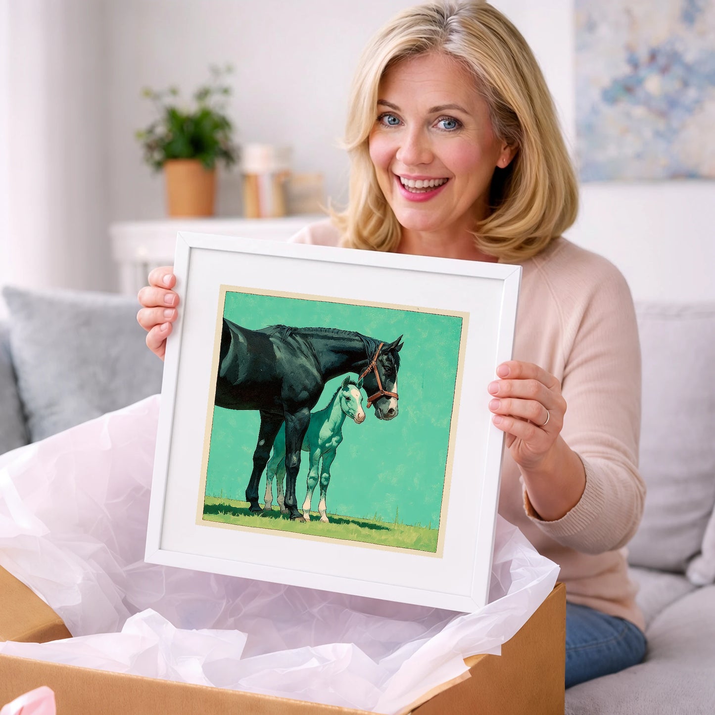 Bond in Vivid Teal - mare & foal art gift idea for horse lovers