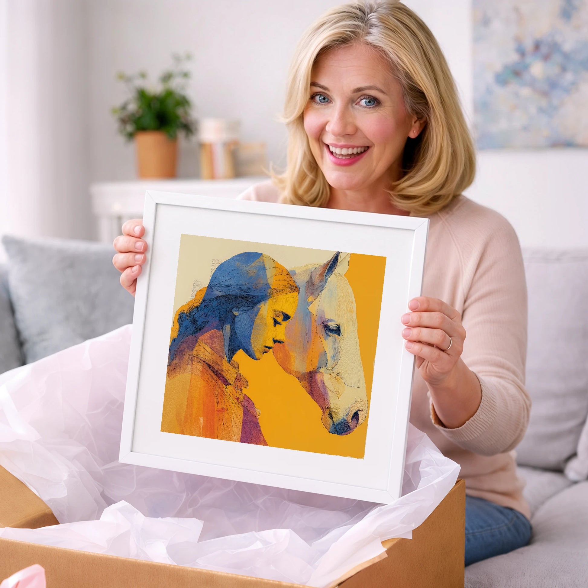 Amber Embrace - horse & rider art gift idea for horse lovers