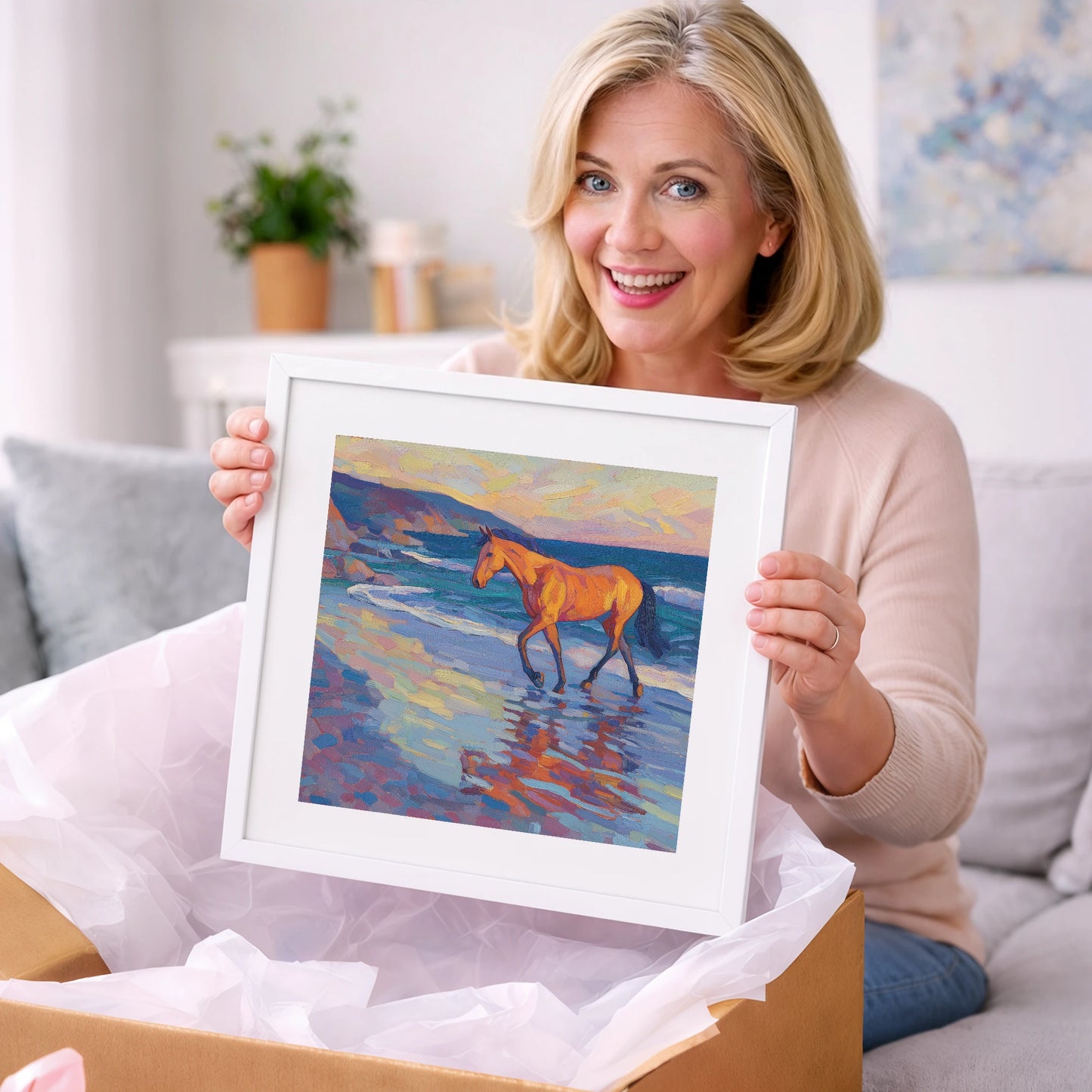 Vibrant Coastal Stride - horse landscape art gift idea for horse lovers