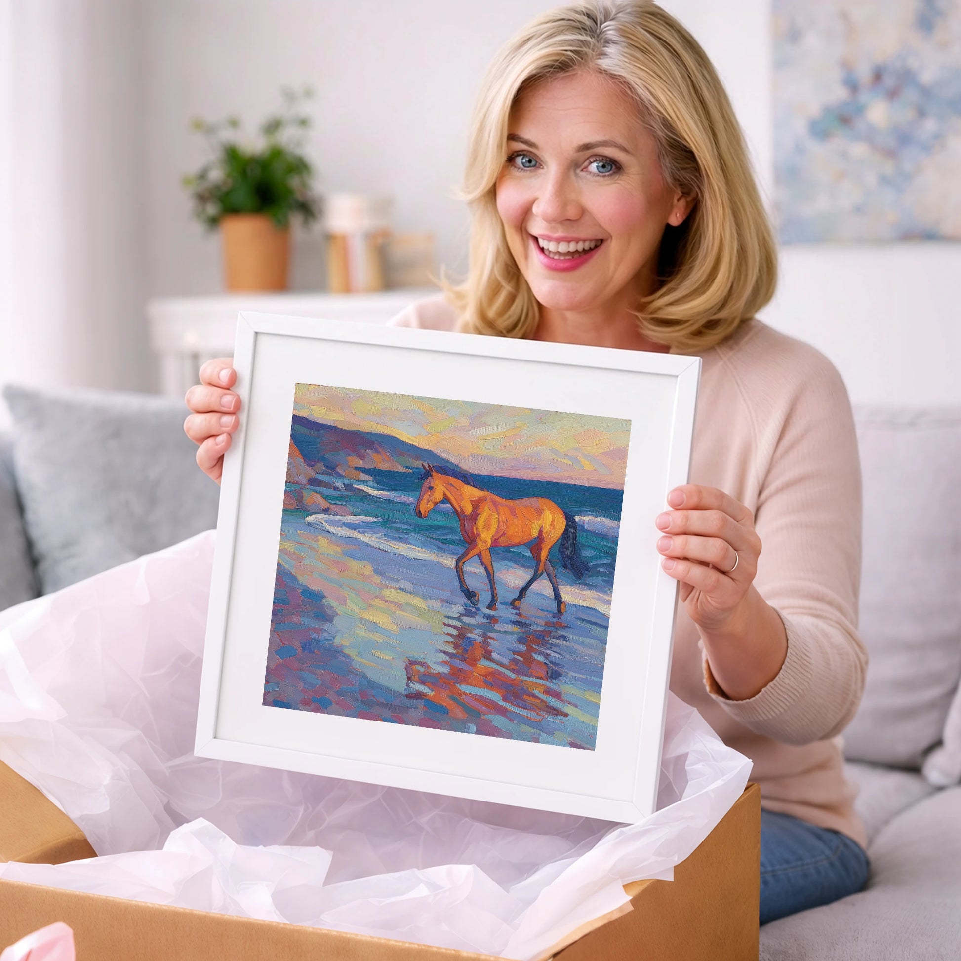 Vibrant Coastal Stride - horse landscape art gift idea for horse lovers