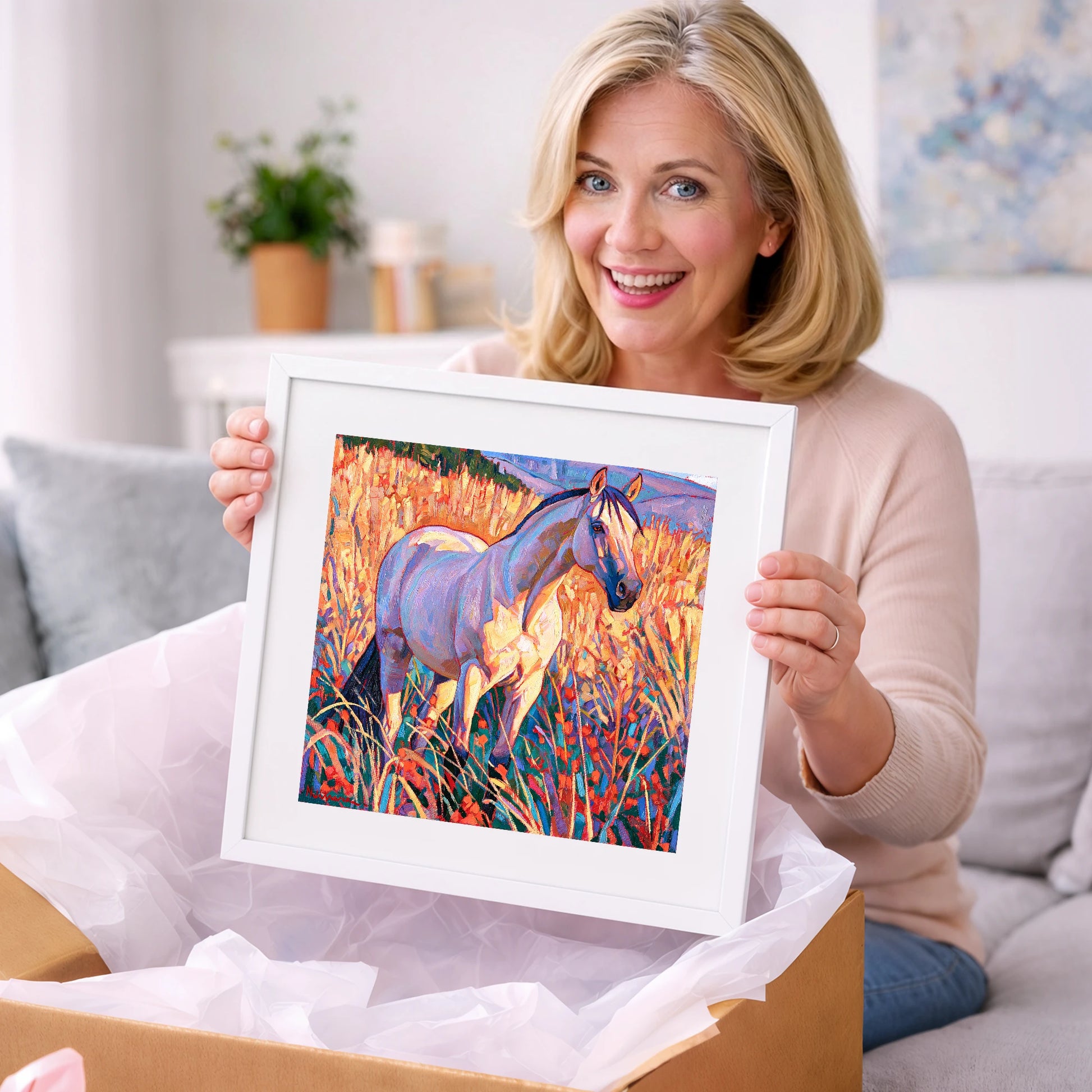 Vibrant Horse in Golden Grass - horse breed art gift idea for horse lovers