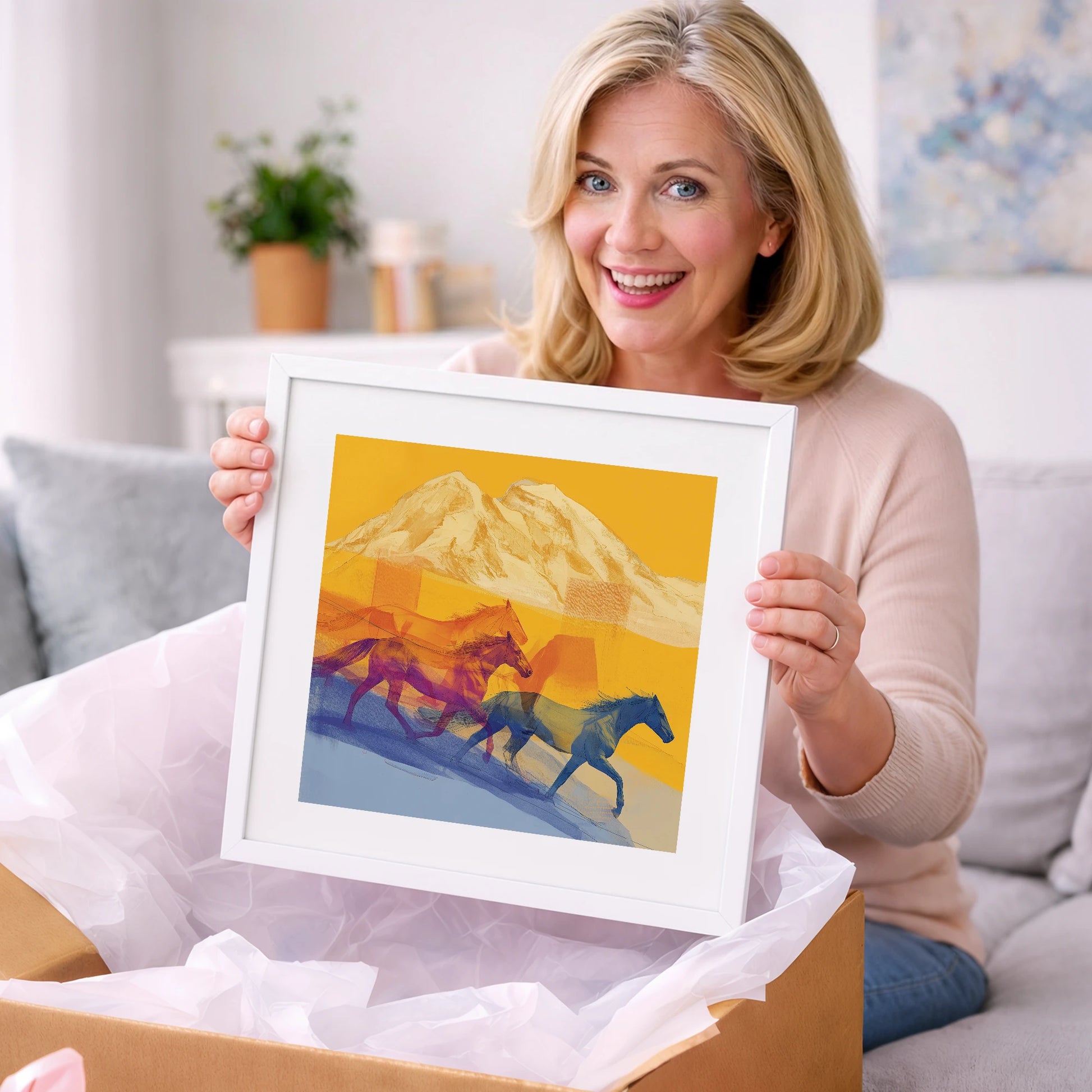Golden Mountain Canter - horse landscape art gift idea for horse lovers