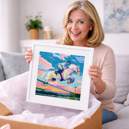 Technicolour Flight - show jumping horse art gift idea for horse lovers