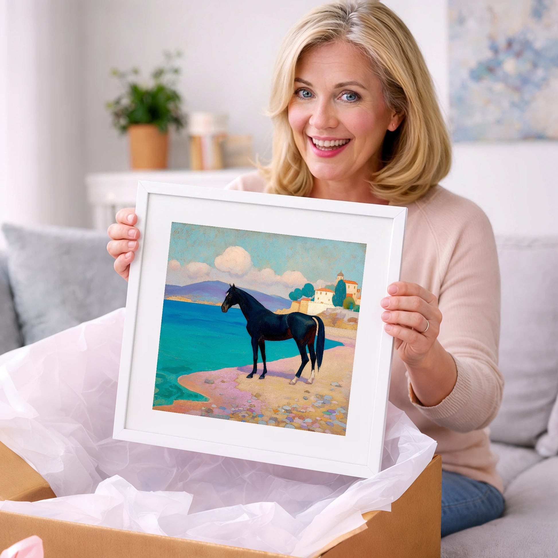 Midnight on the Riviera - horse landscape art gift idea for horse lovers
