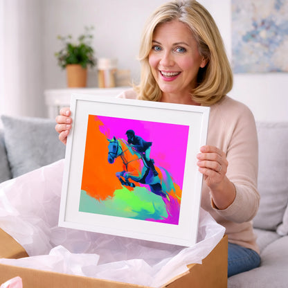 Technicolour Flight - show jumping horse art gift idea for horse lovers