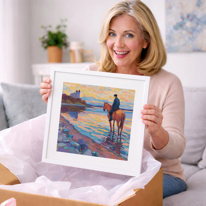 Rider at Castle Bay - beach horse art gift idea for horse lovers