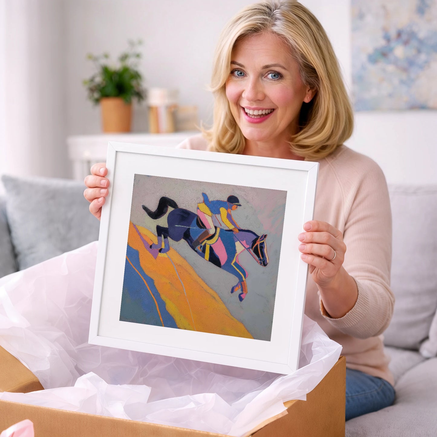 Vibrant Mid-Air Leap - show jumping horse art gift idea for horse lovers
