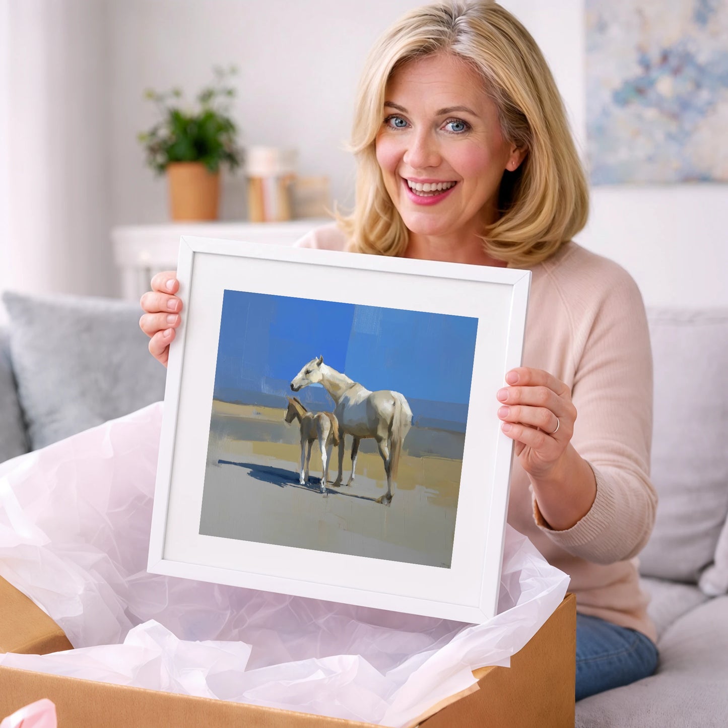 Under the Azure Sky - mare & foal art gift idea for horse lovers