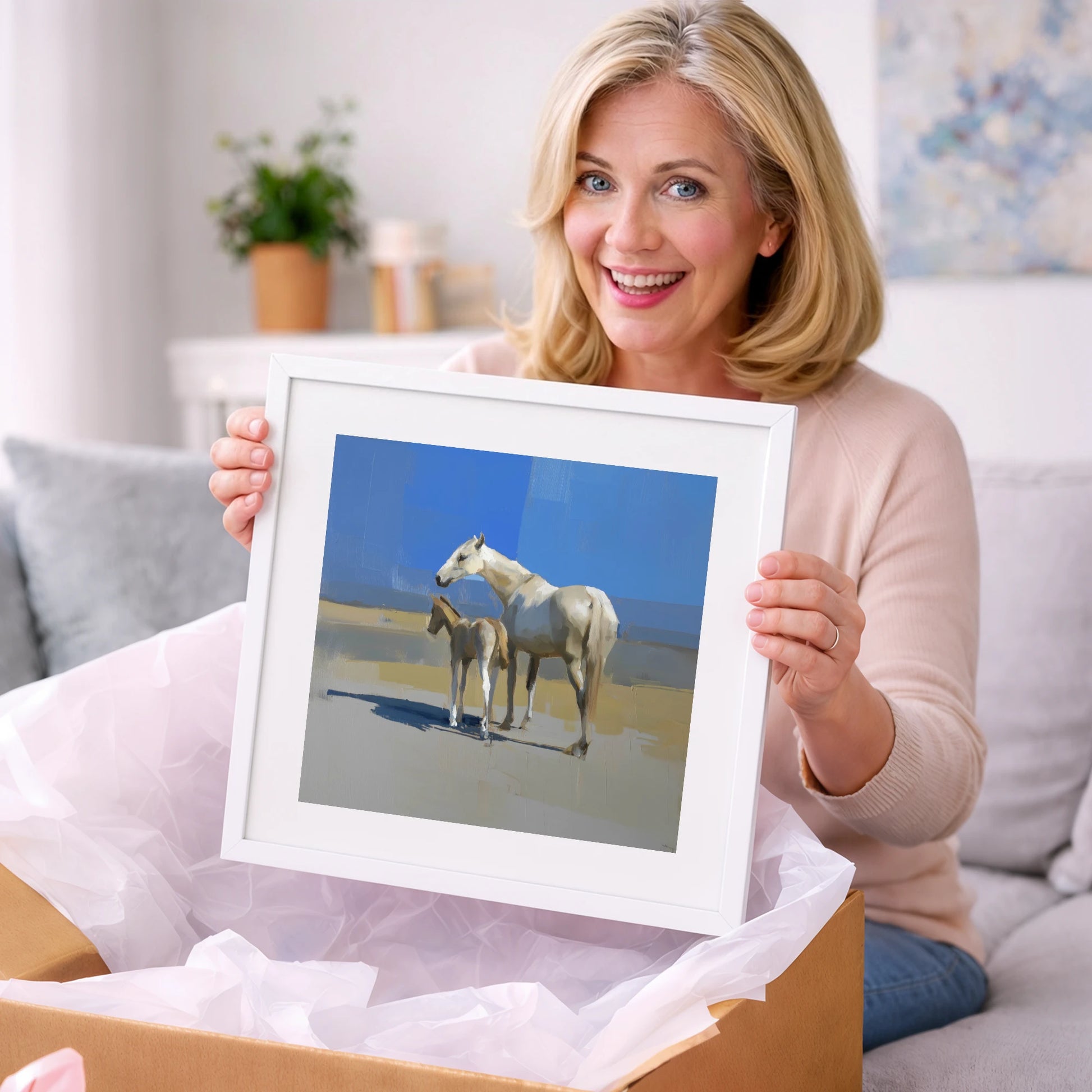 Under the Azure Sky - mare & foal art gift idea for horse lovers