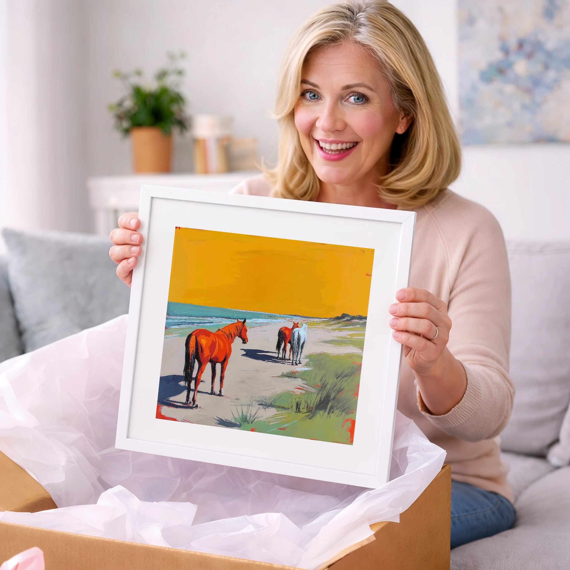 Golden Sands Companions - horse landscape art gift idea for horse lovers