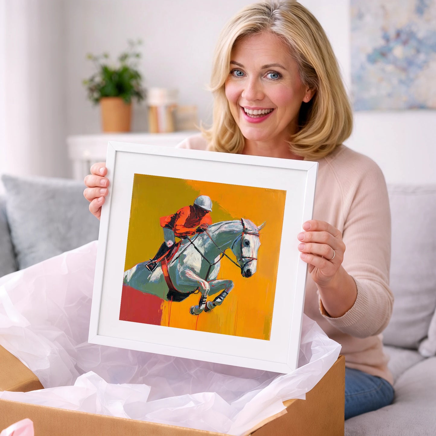 Airborne Over Gold - show jumping horse art gift idea for horse lovers