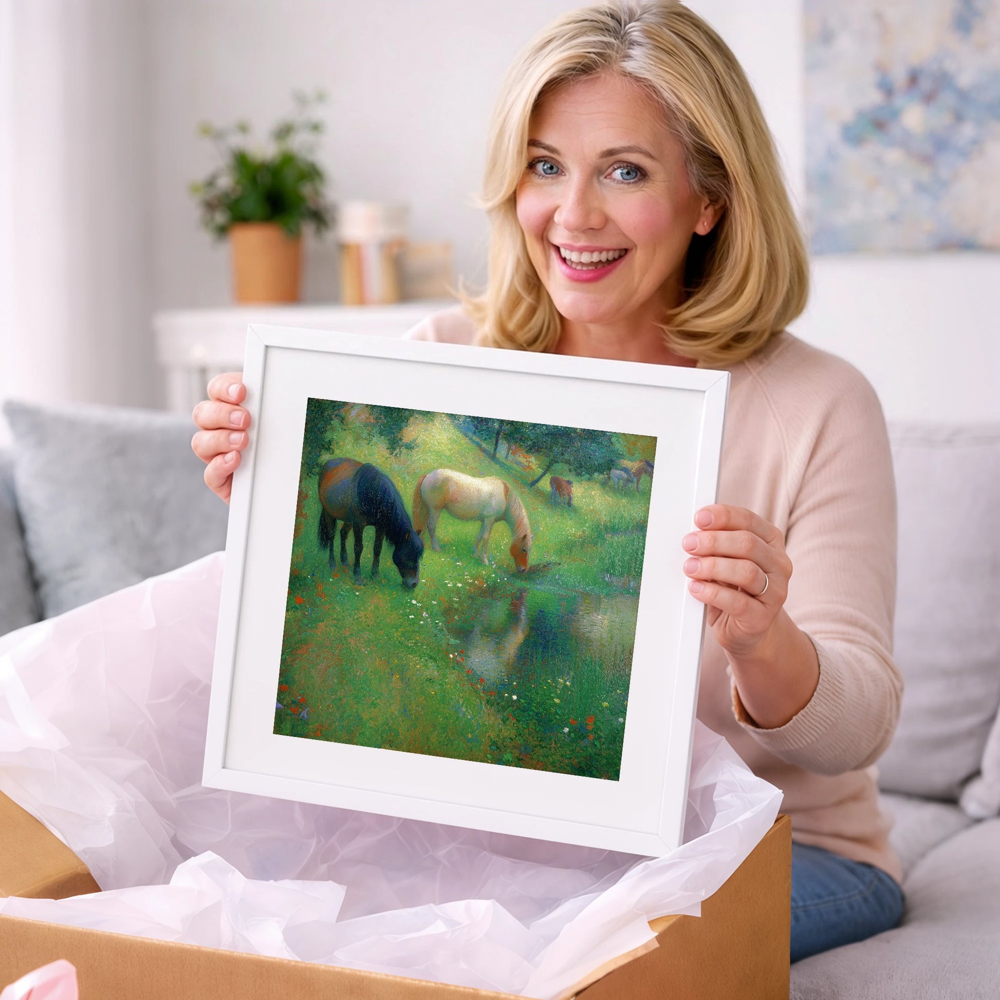 Tranquil Water Meadow - horse landscape art gift idea for horse lovers