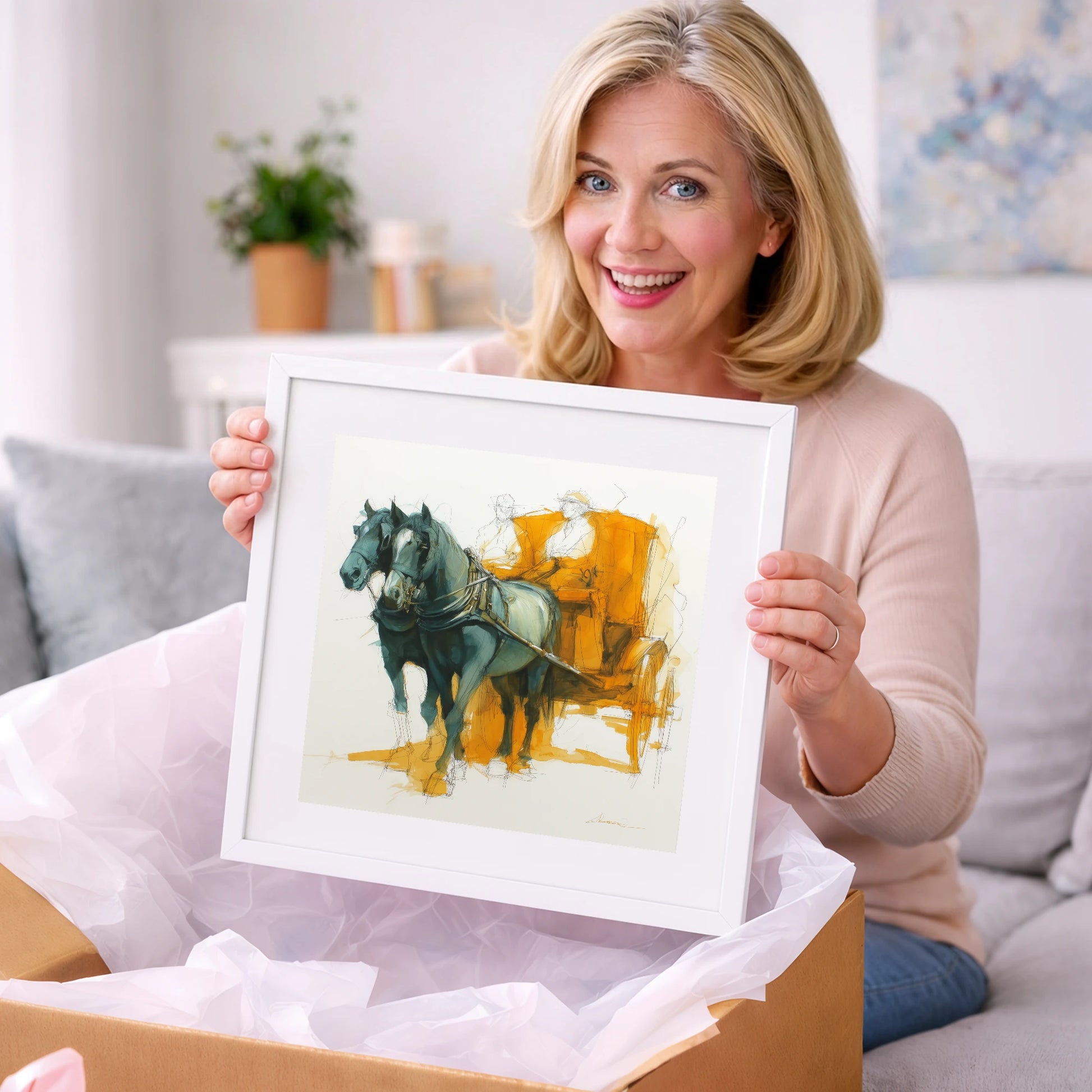 The Amber Carriage Pair - working horse art gift idea for horse lovers