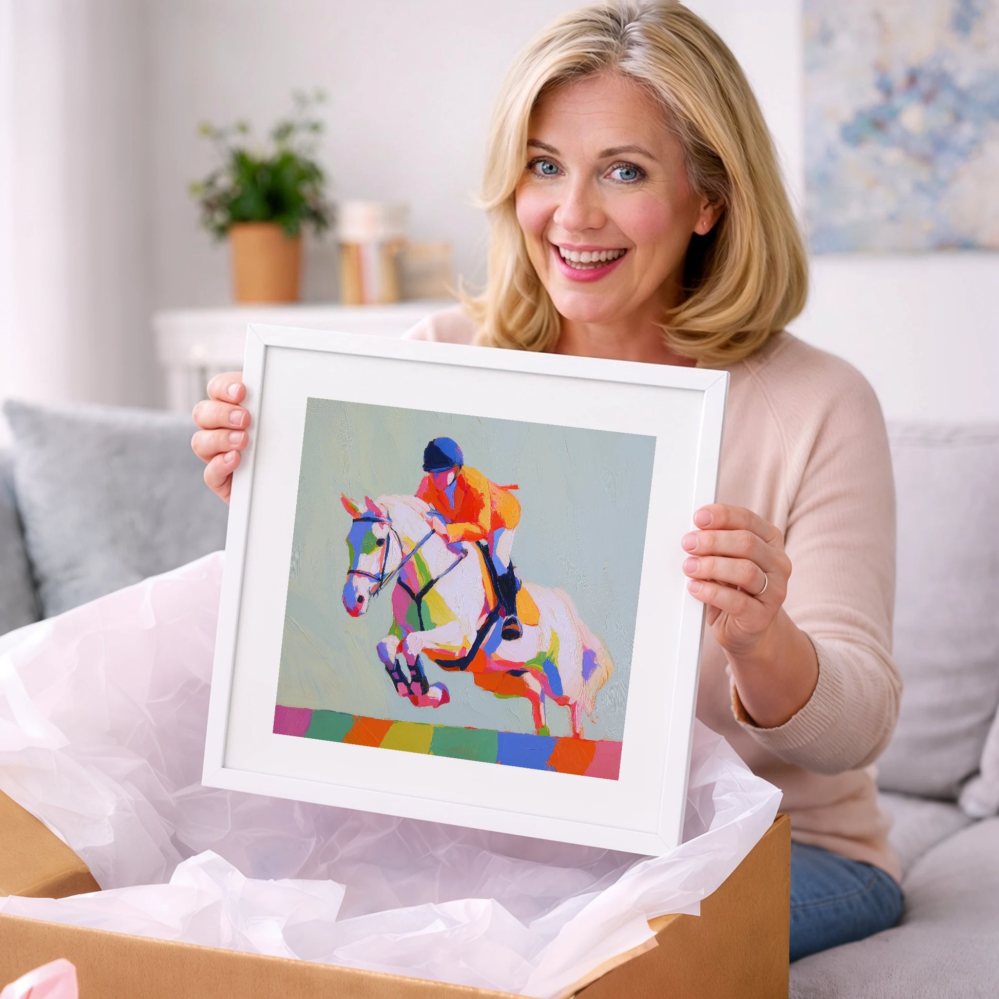 Technicolour Flight - show jumping horse art gift idea for horse lovers