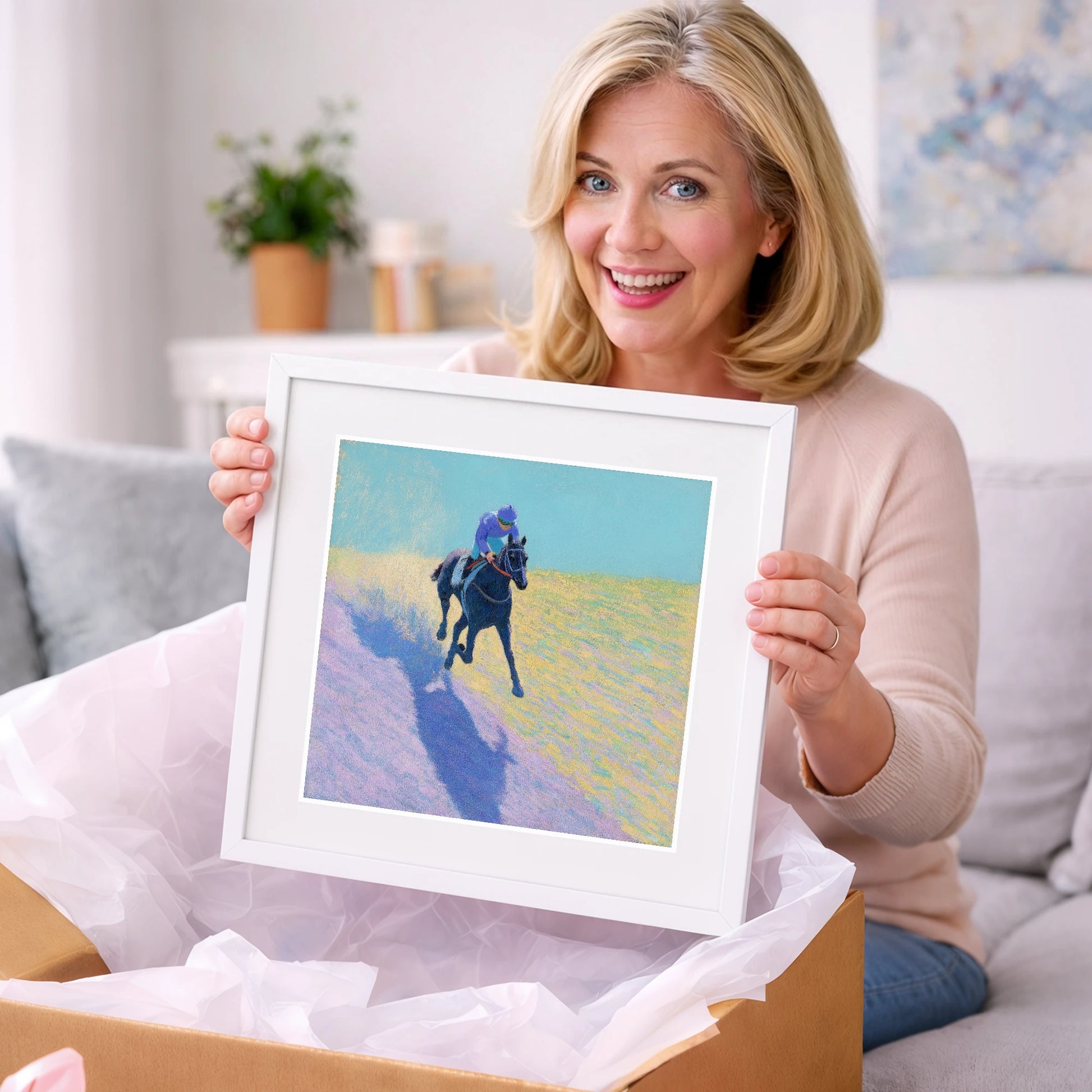 Pastel Morning Canter - racing horse art gift idea for horse lovers