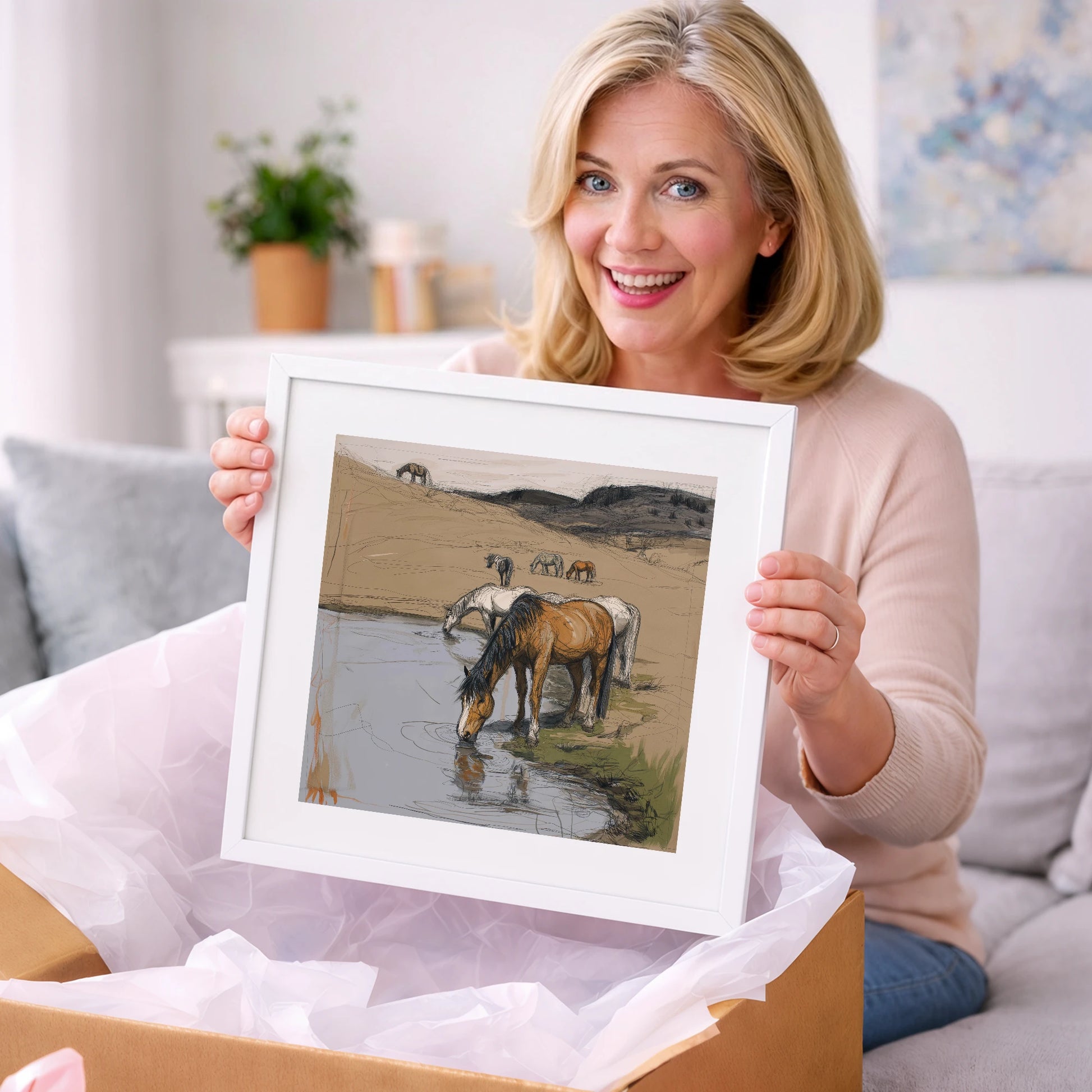 Quiet at the Waterhole - wild horses art gift idea for horse lovers