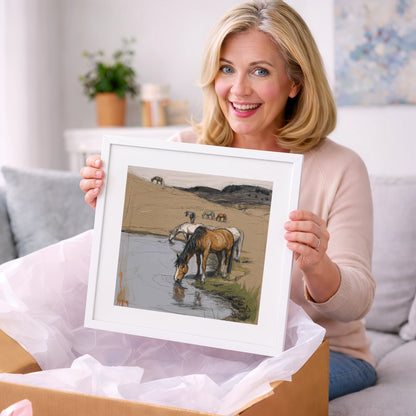 Quiet at the Waterhole - wild horses art gift idea for horse lovers