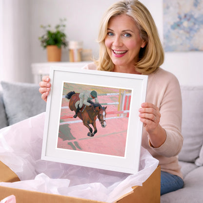 Suspended in Pink - show jumping horse art gift idea for horse lovers