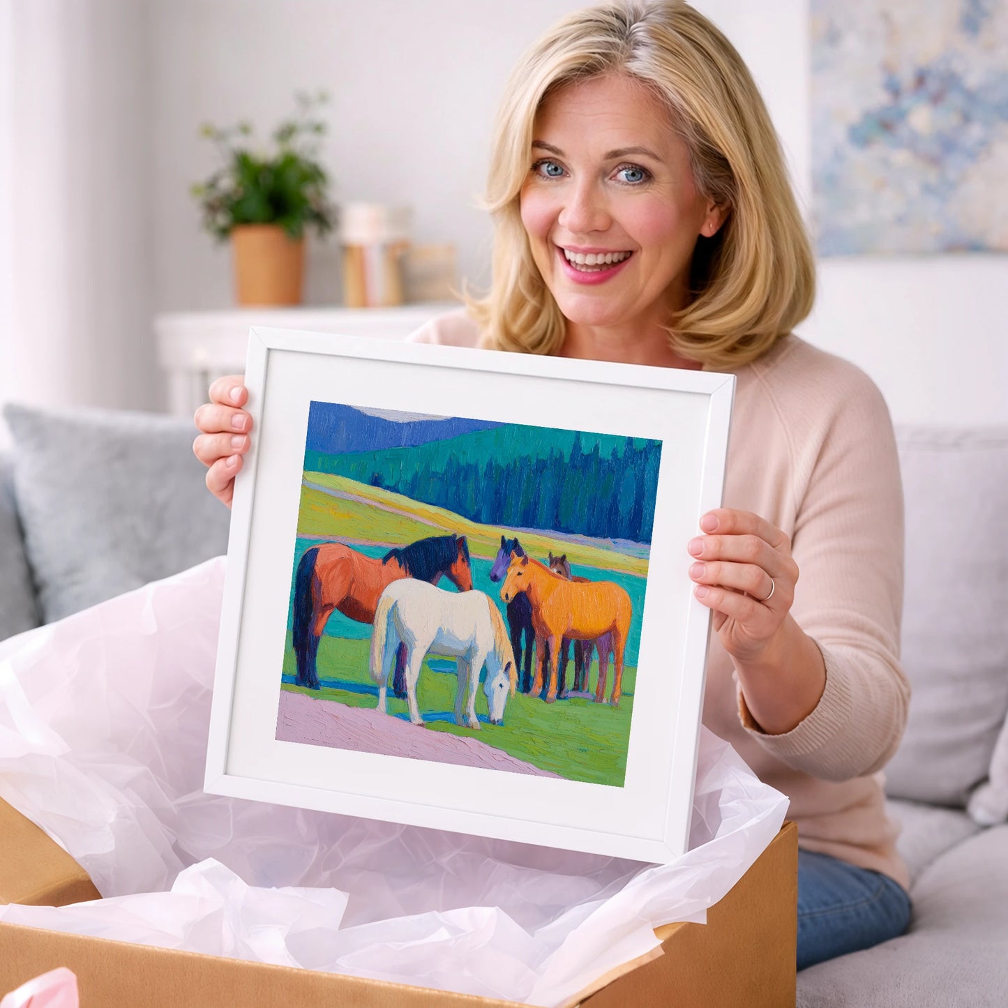 Vivid Pasture Herd - horse landscape art gift idea for horse lovers