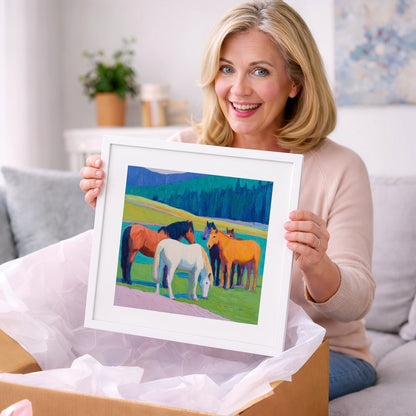 Vivid Pasture Herd - horse landscape art gift idea for horse lovers