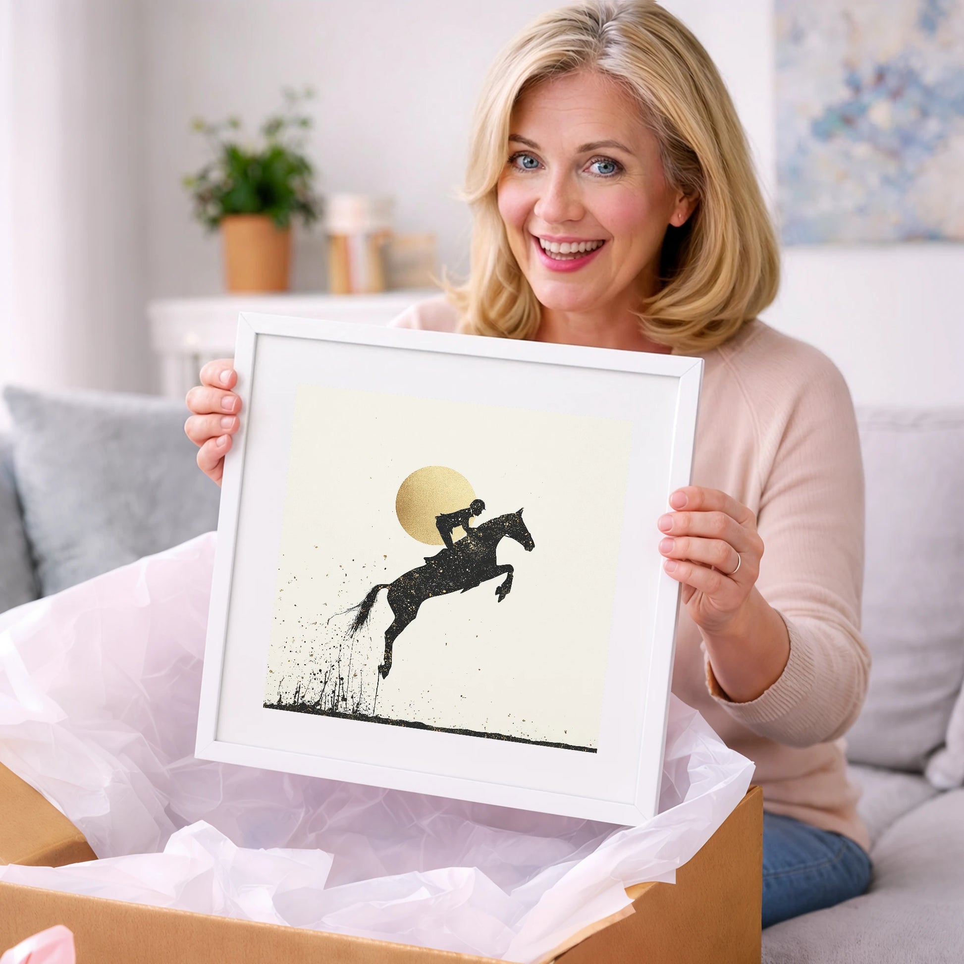 Golden Flight - show jumping horse art gift idea for horse lovers
