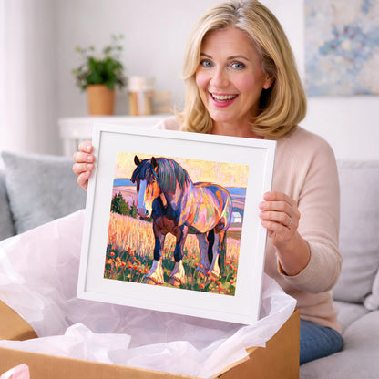 Colourful Heavy Horse in Meadow - horse breed art gift idea for horse lovers