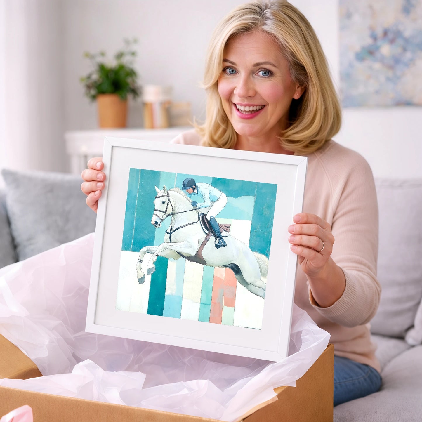Aquamarine Ascent - show jumping horse art gift idea for horse lovers