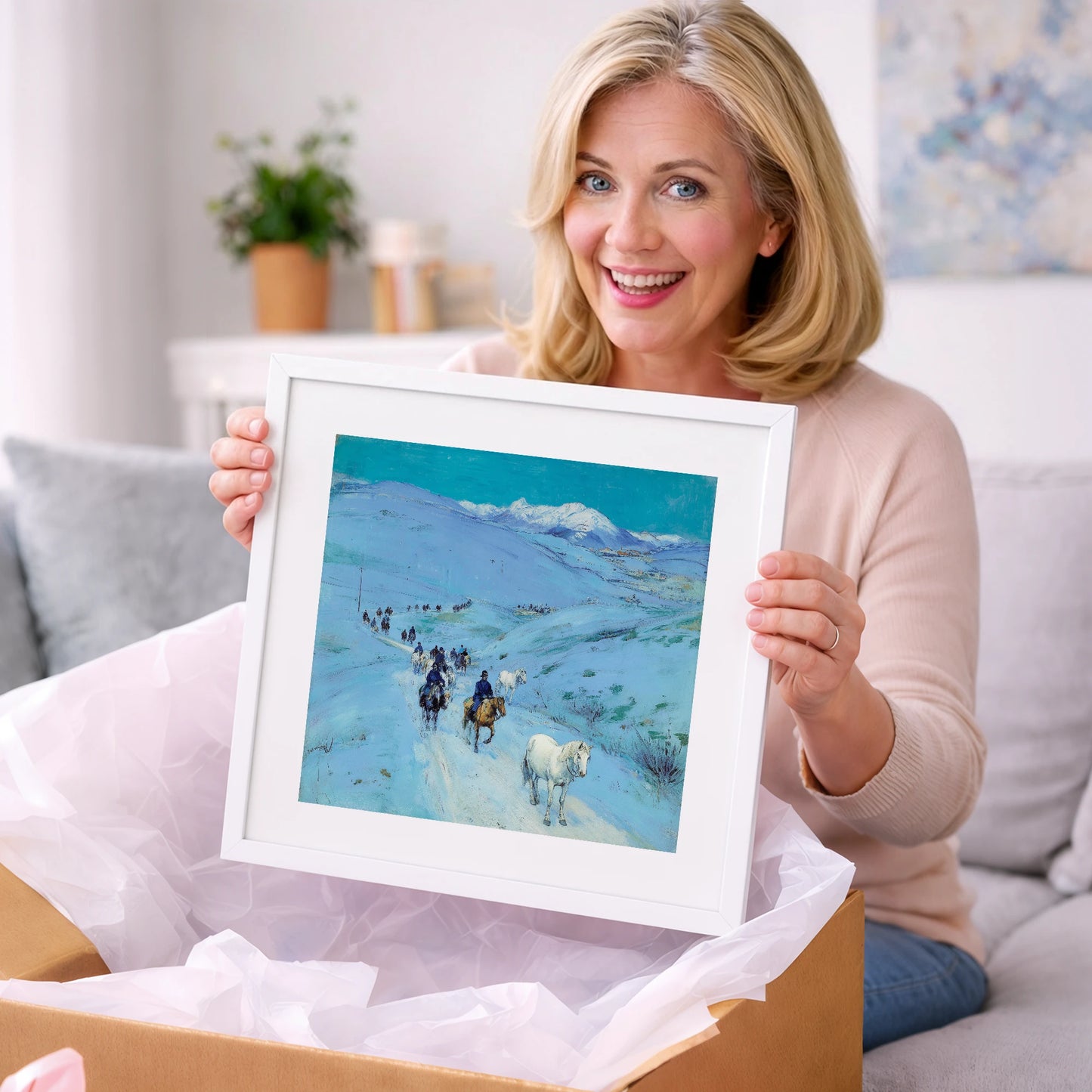 Alpine Winter Cavalcade - horse landscape art gift idea for horse lovers