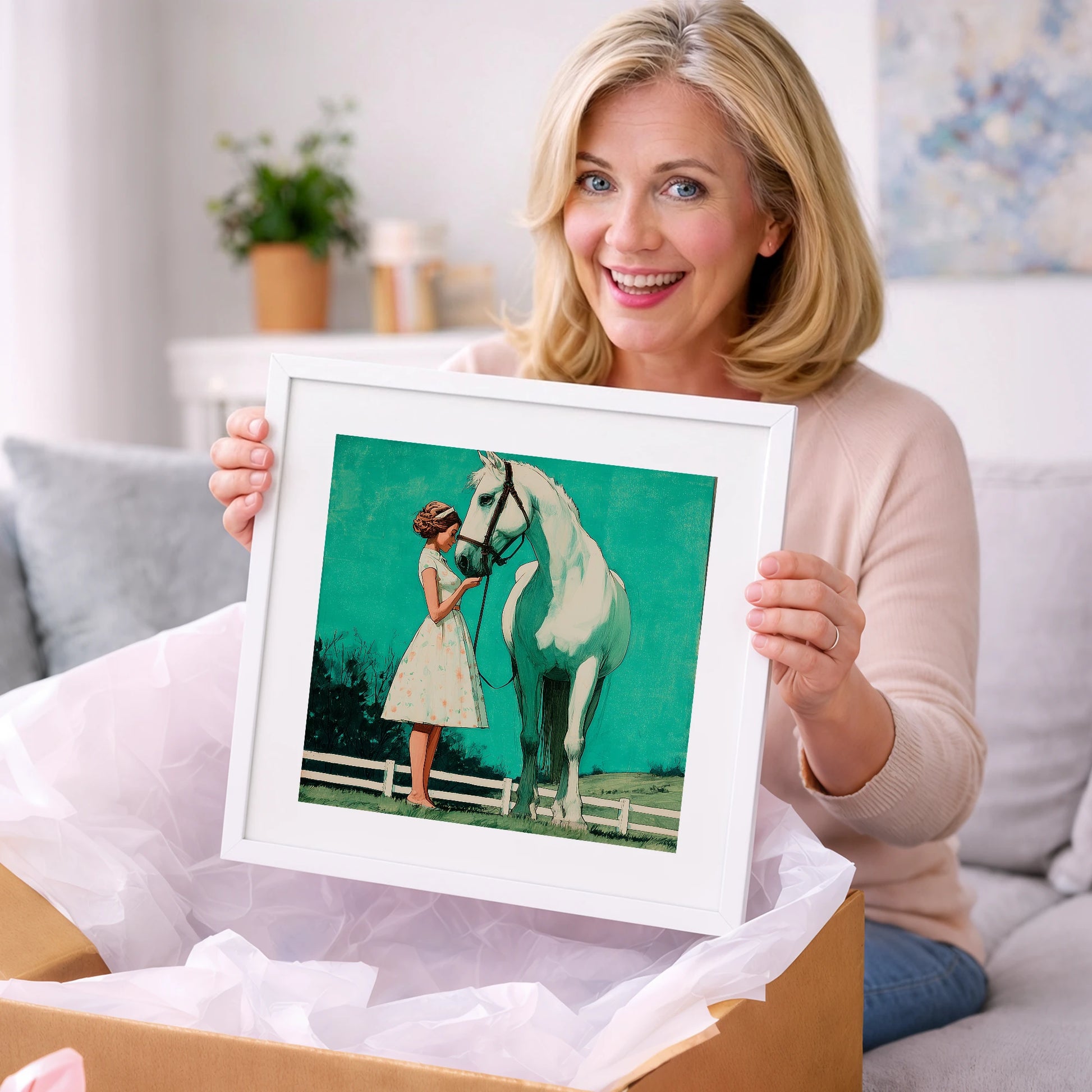 A Moment In Teal - horse & rider art gift idea for horse lovers