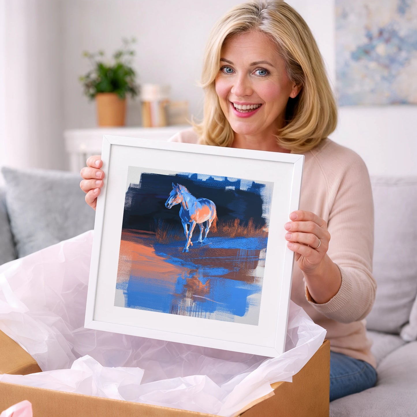 Cobalt Dawn Crossing - horse landscape art gift idea for horse lovers
