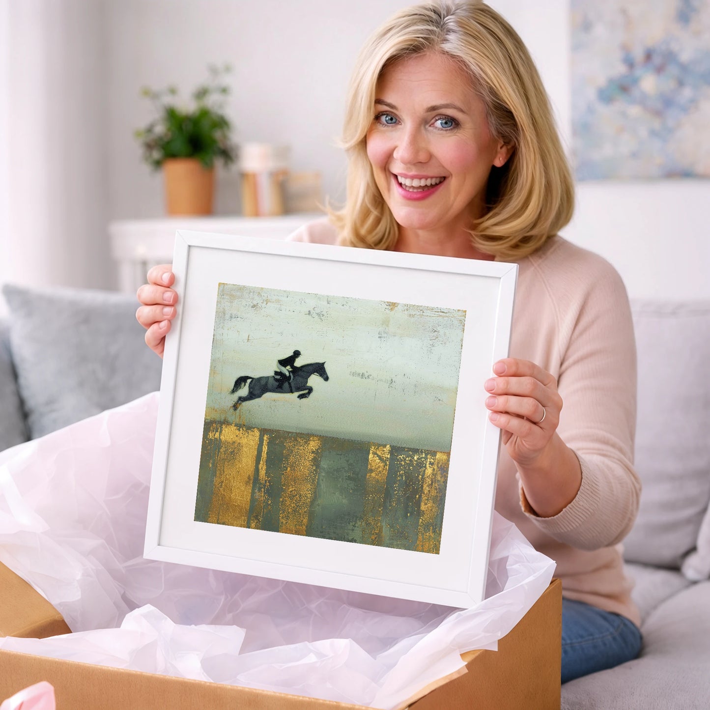 Flight Over Gold - show jumping horse art gift idea for horse lovers