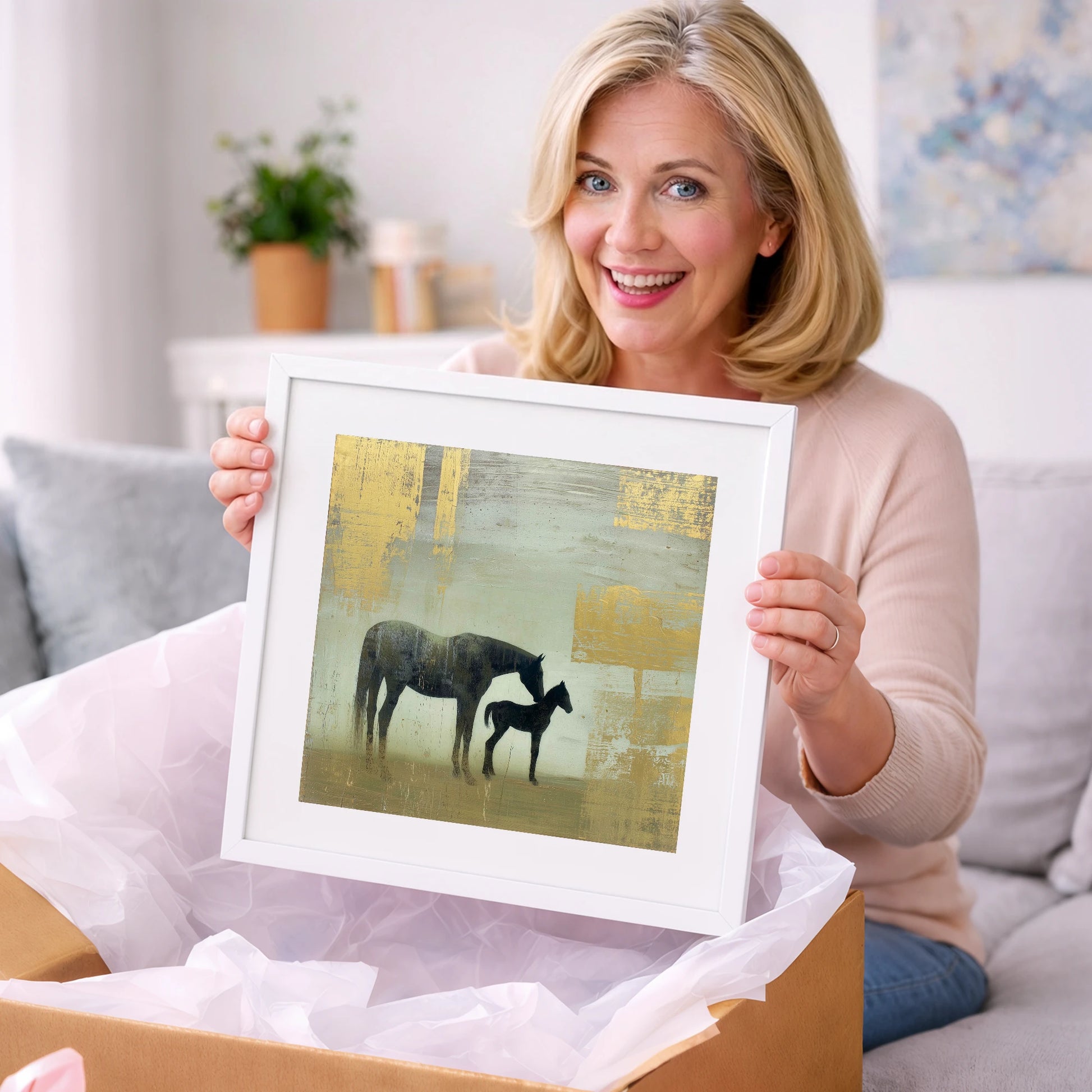 Gilded Maternal Bond - mare & foal art gift idea for horse lovers
