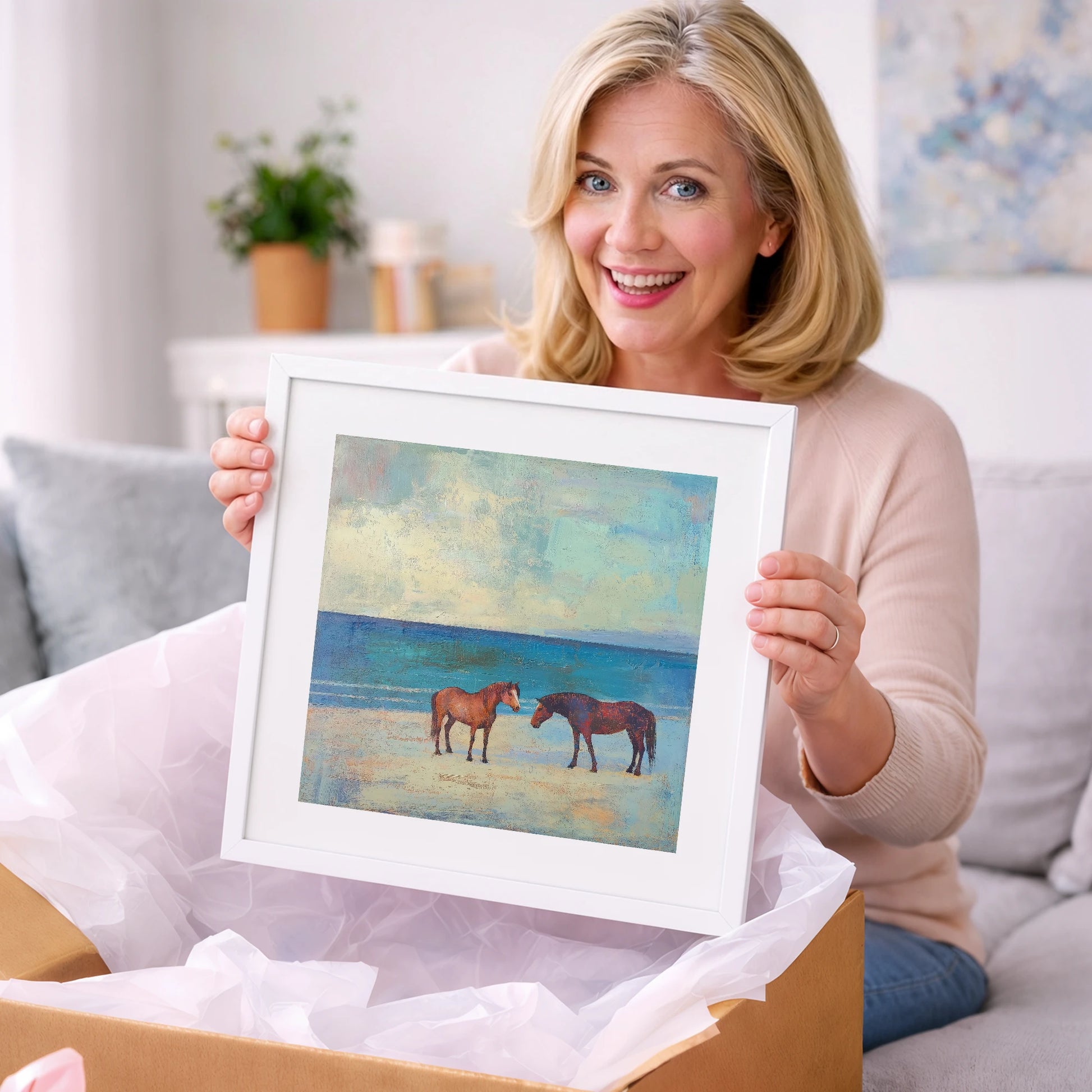 Shoreline Companions - horse landscape art gift idea for horse lovers