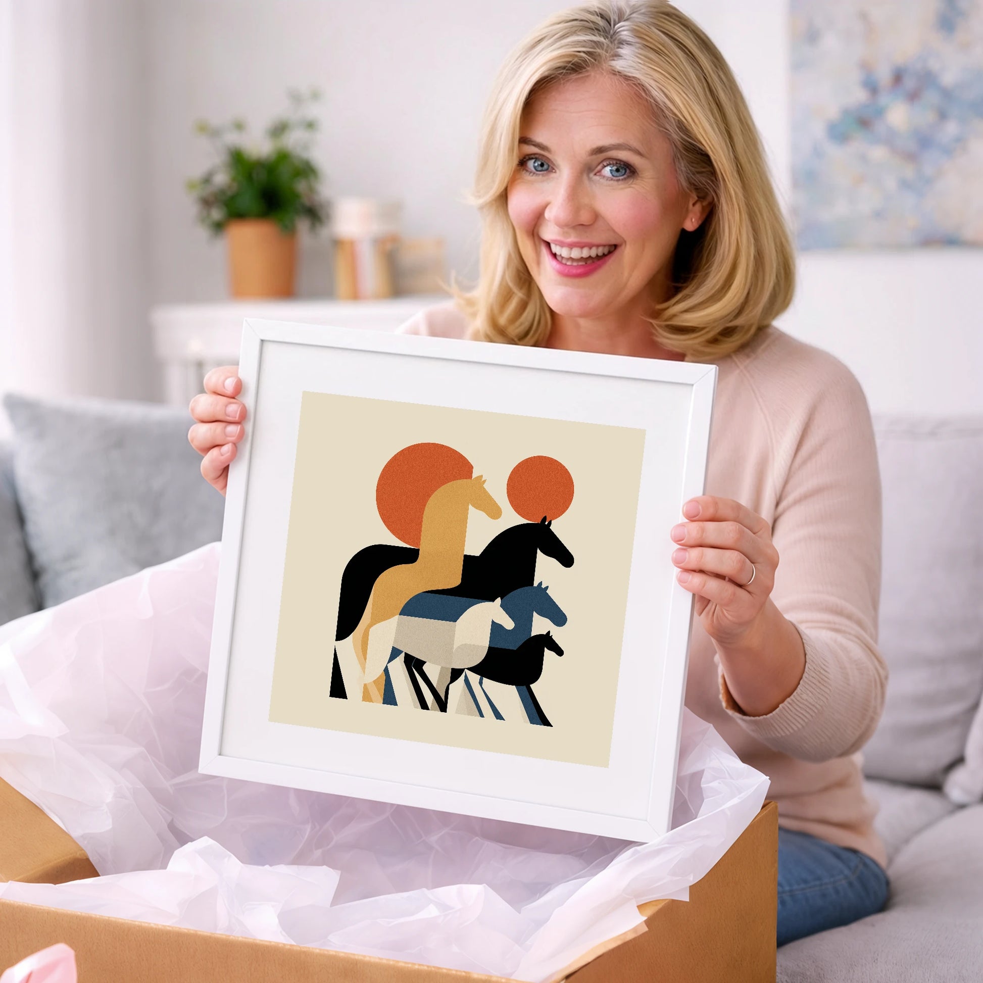 Geometric Sunrise Herd - wild horses art gift idea for horse lovers
