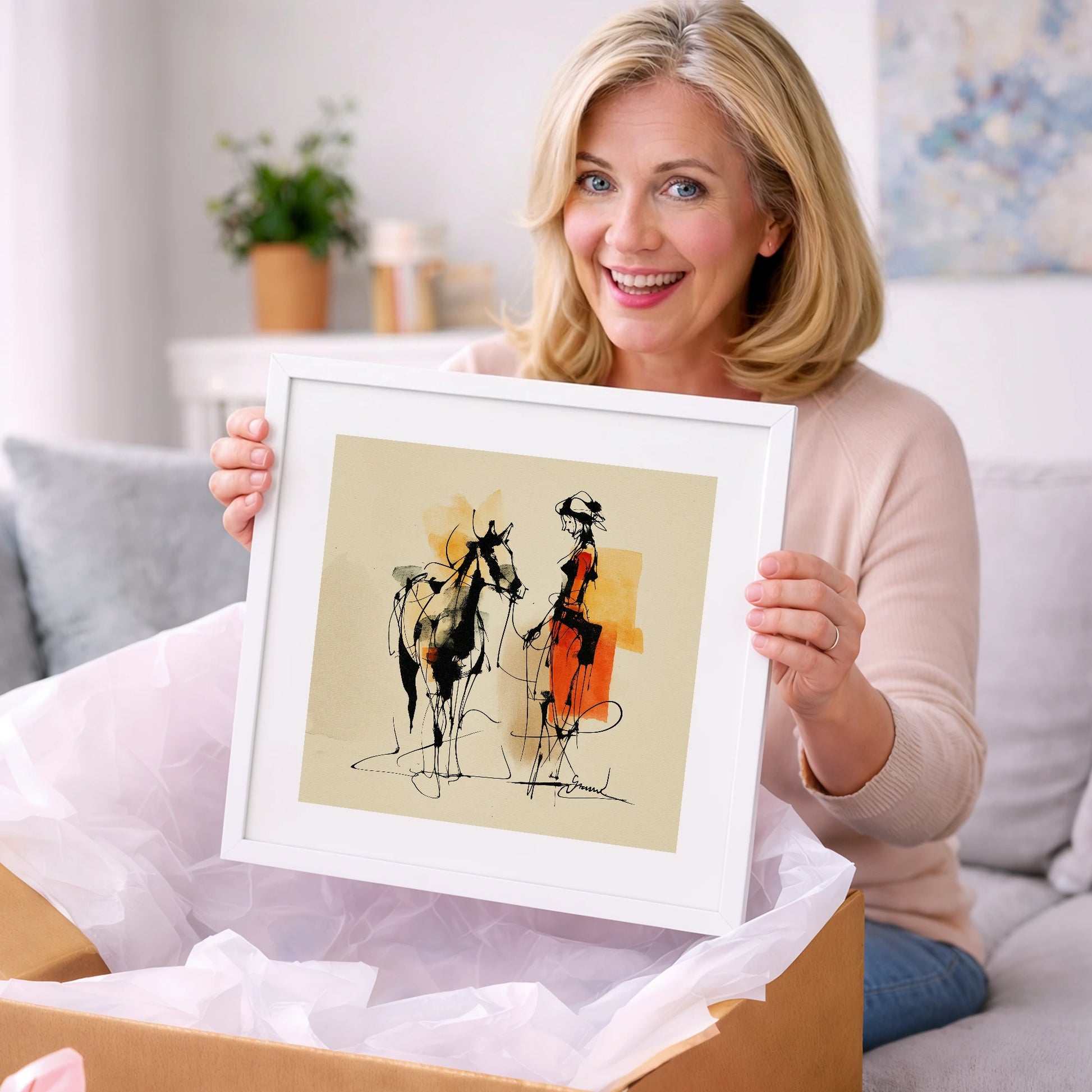 Tethered in Amber - horse & rider art gift idea for horse lovers