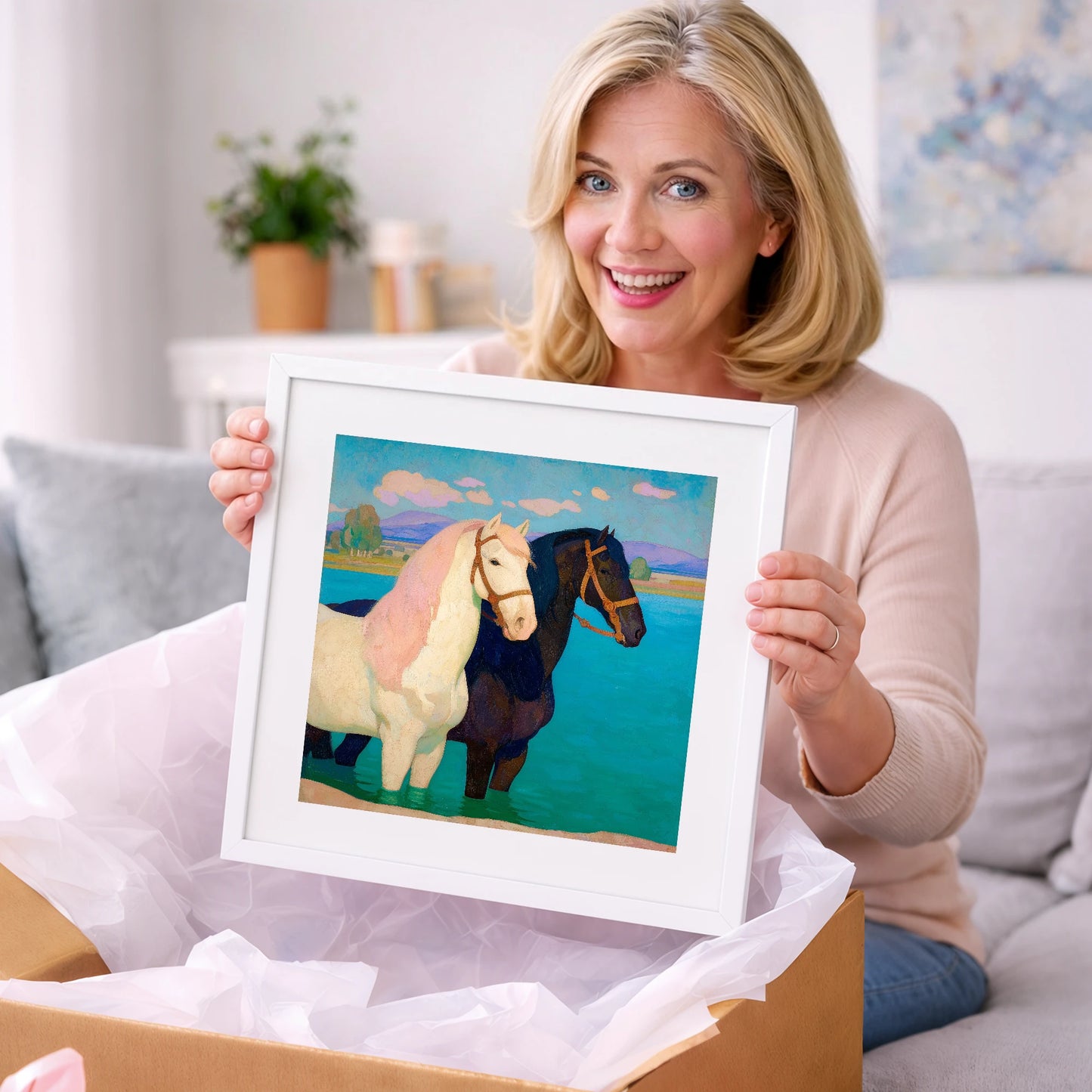 Cooling in the Shallows - horse landscape art gift idea for horse lovers