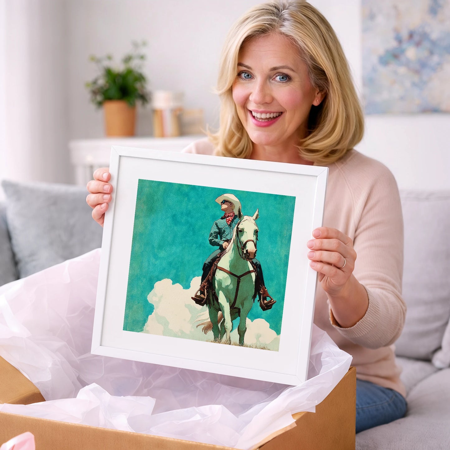 Teal Sky Rider - western horse art gift idea for horse lovers