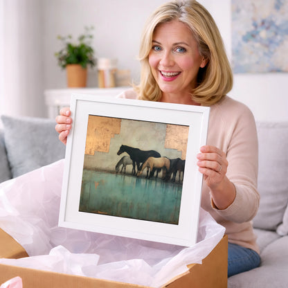 Gilded Equine Reflections - wild horses art gift idea for horse lovers