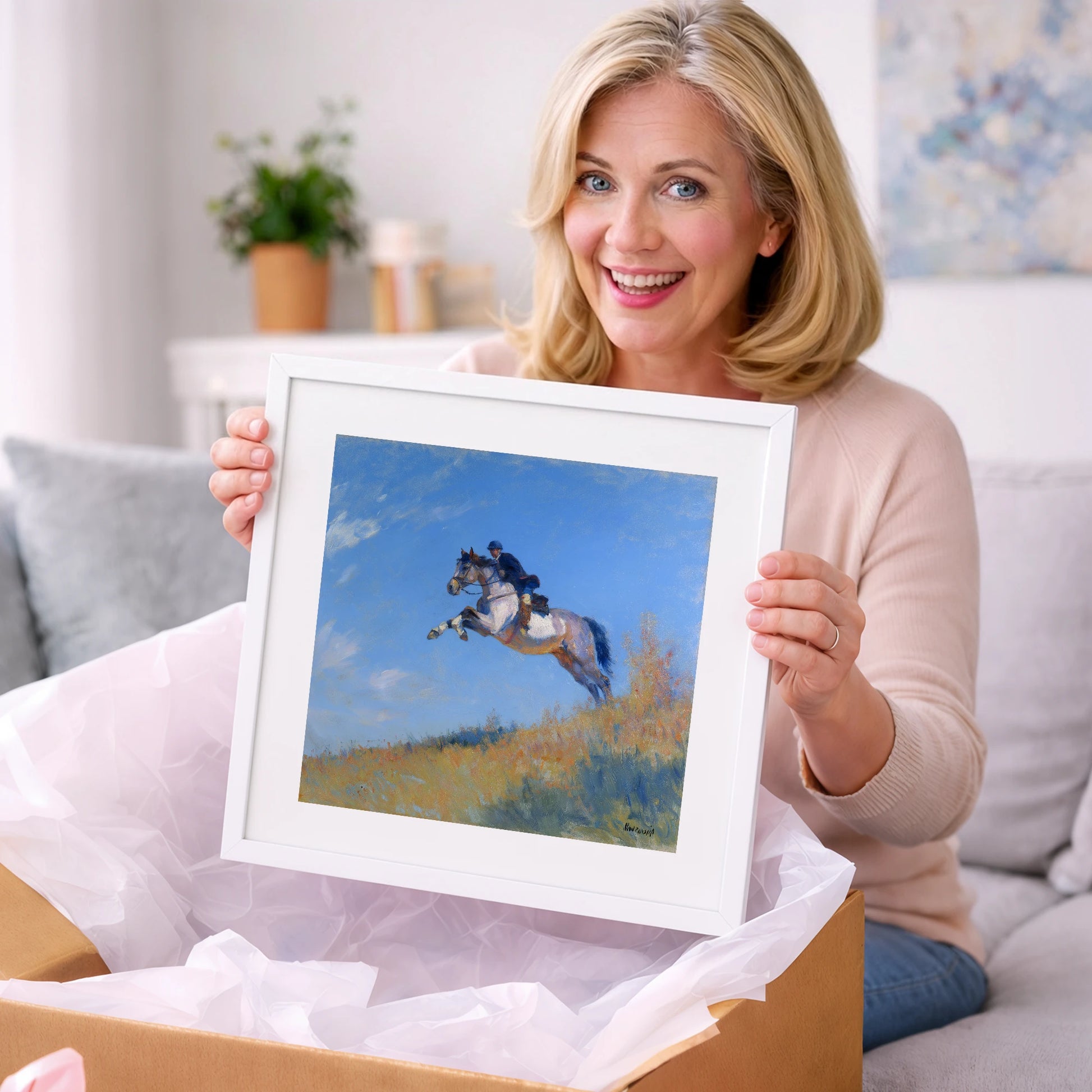 Leap Into the Blue - show jumping horse art gift idea for horse lovers
