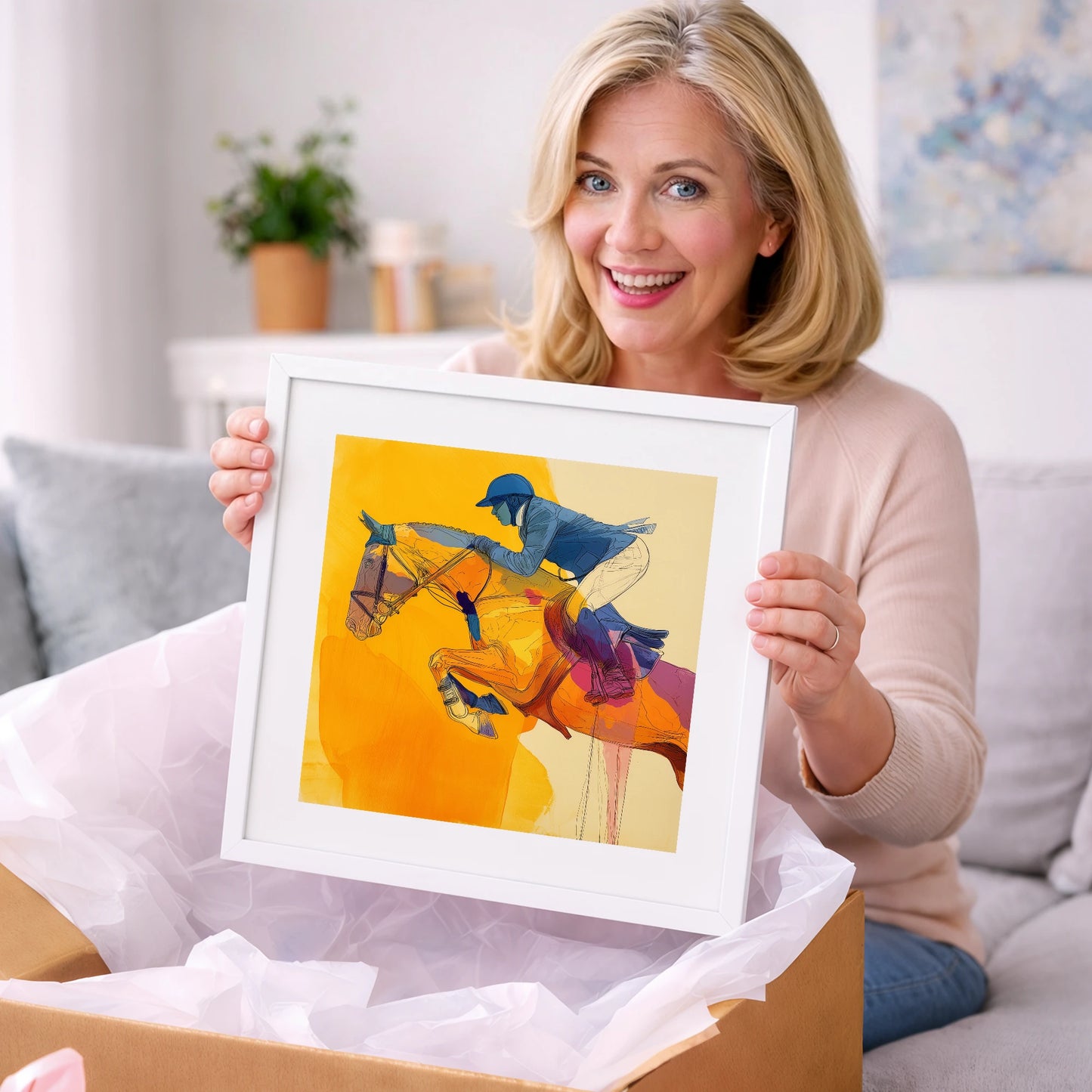 Vivid Golden Ascent - show jumping horse art gift idea for horse lovers