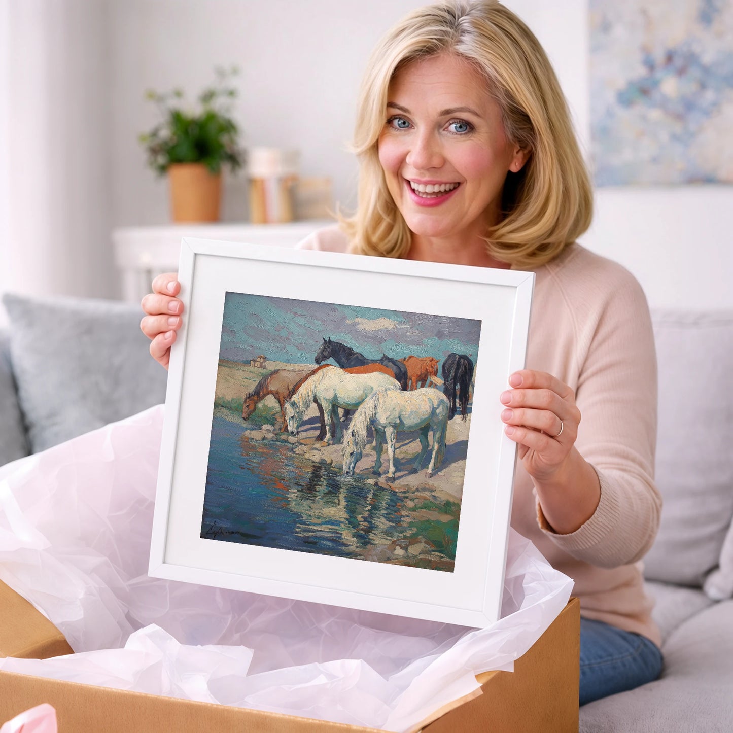 The Watering Hole - wild horses art gift idea for horse lovers
