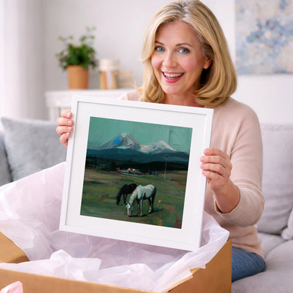Companions Beneath the Peak - horse landscape art gift idea for horse lovers