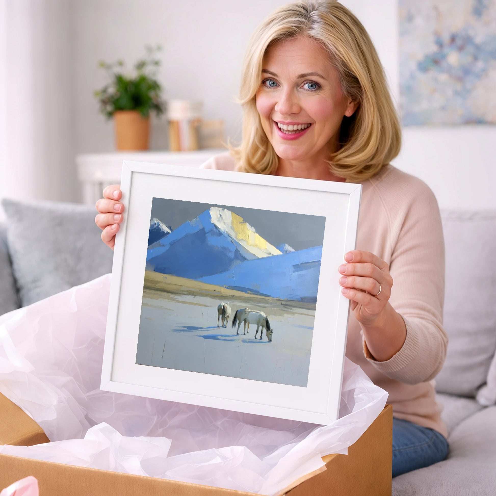Golden Peak Grazing - horse landscape art gift idea for horse lovers