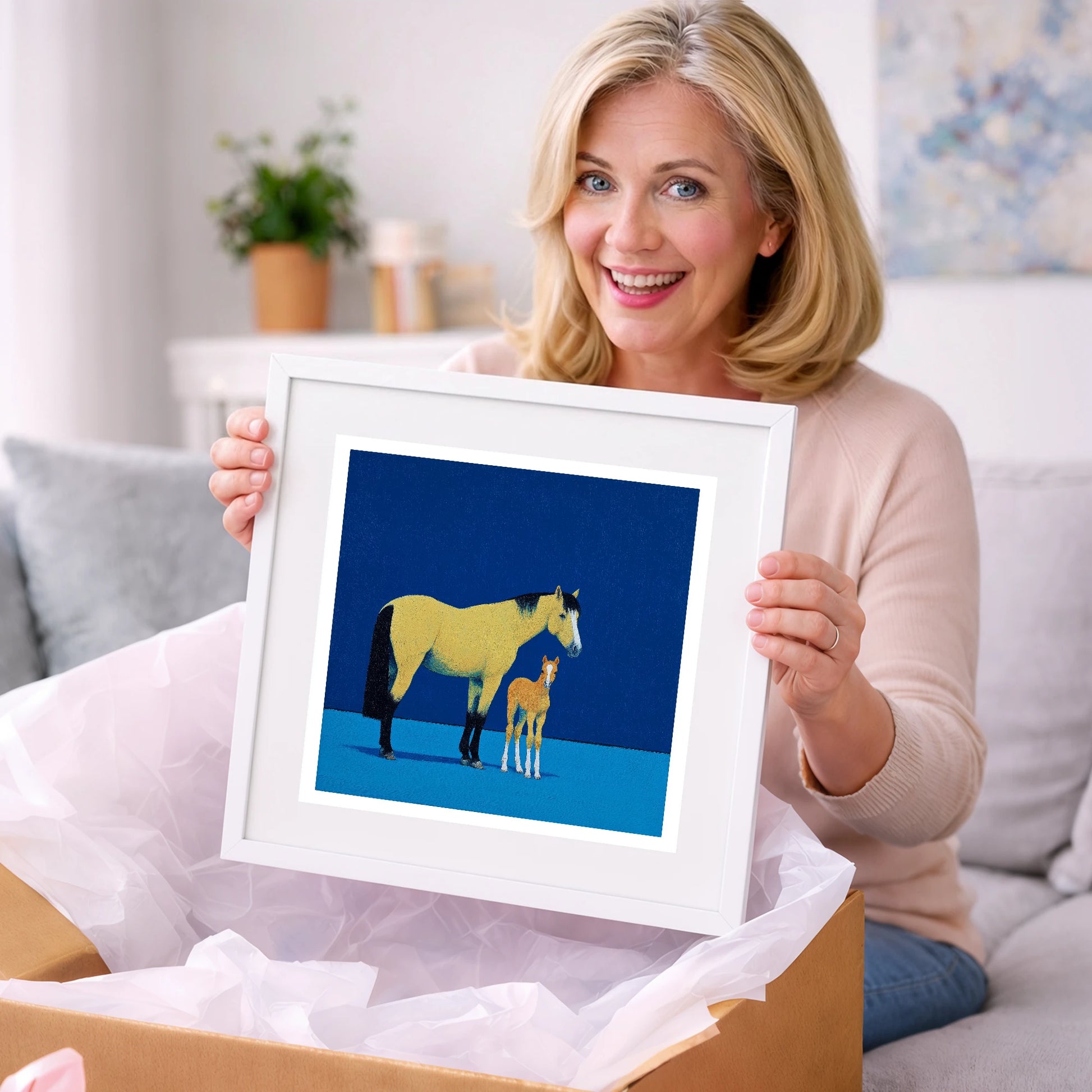 Striking Bonds in Blue - mare & foal art gift idea for horse lovers