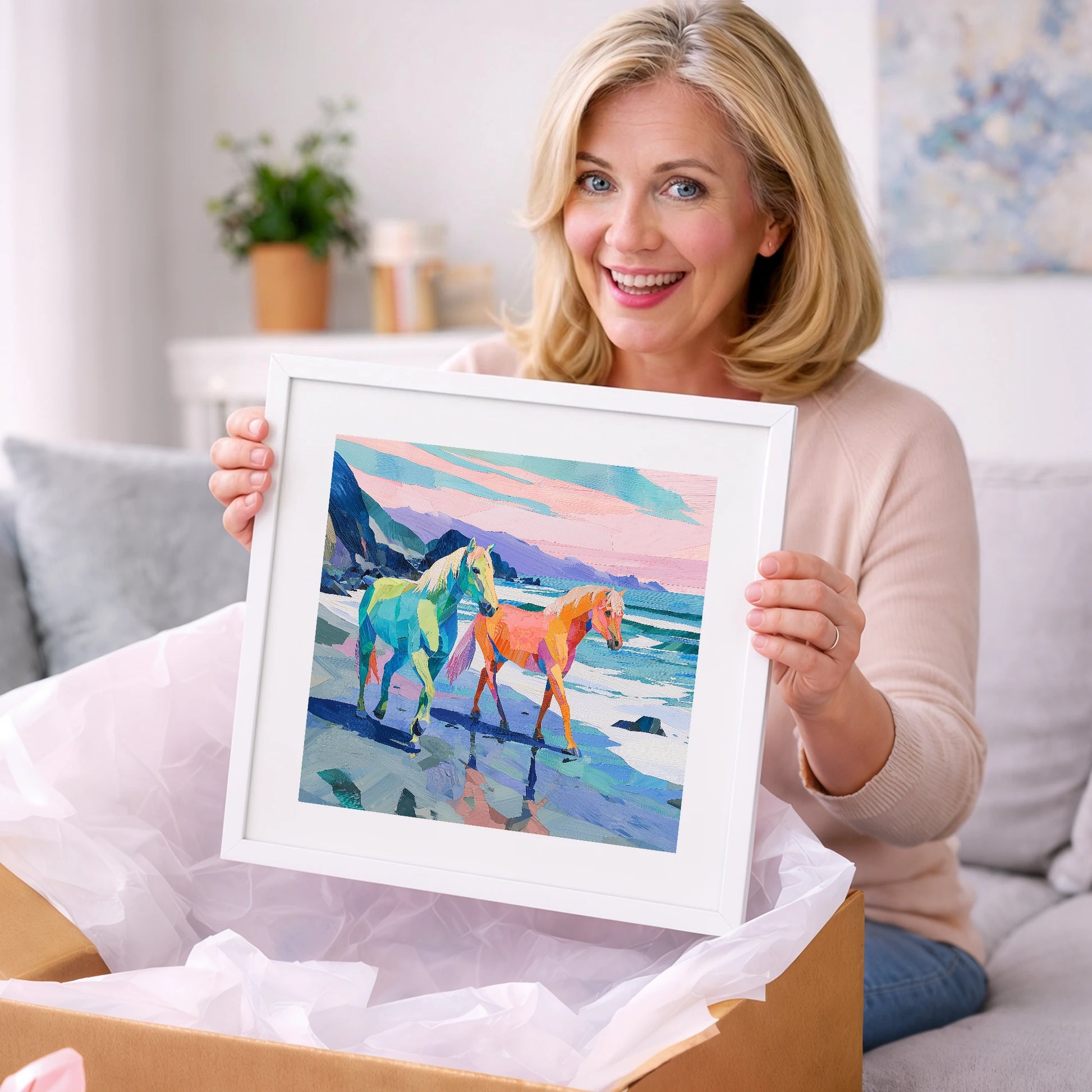 Vivid Coastal Companions - horse landscape art gift idea for horse lovers