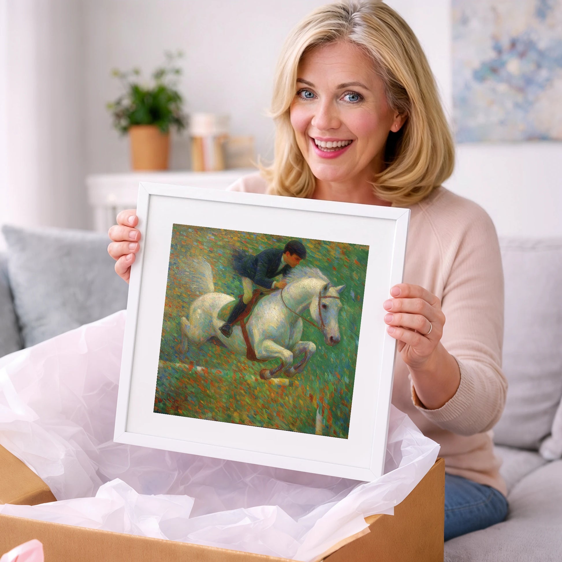 Luminous Jumping Grey - show jumping horse art gift idea for horse lovers