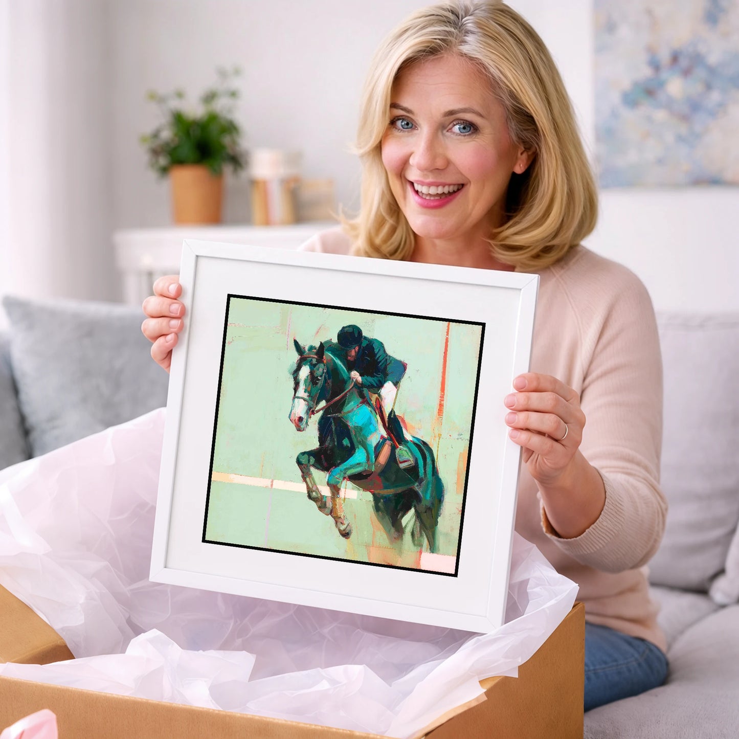 Airborne in Teal - show jumping horse art gift idea for horse lovers